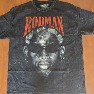 Rodman Front Side Short Sleeve Graphic Portrait Spell Out Cotton Crew Neck Tee L